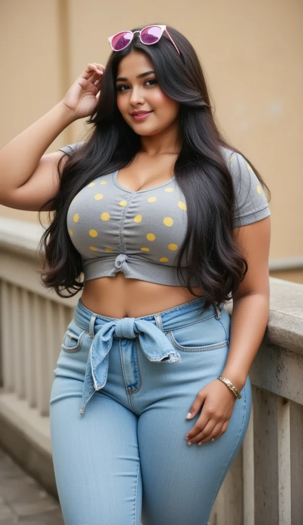 Outdoor image of 21yo  in school school photo in school masterpiece, (photorealistic:1.7), best quality, beautiful lighting, Eleanor Pakistani Woman 20yo Old Big Breasts Plus Size Model, 10yo baby face, extremely high Bun long extreme curly hair Lifts, wearing random Sexy tank top and cowboy shorts. 