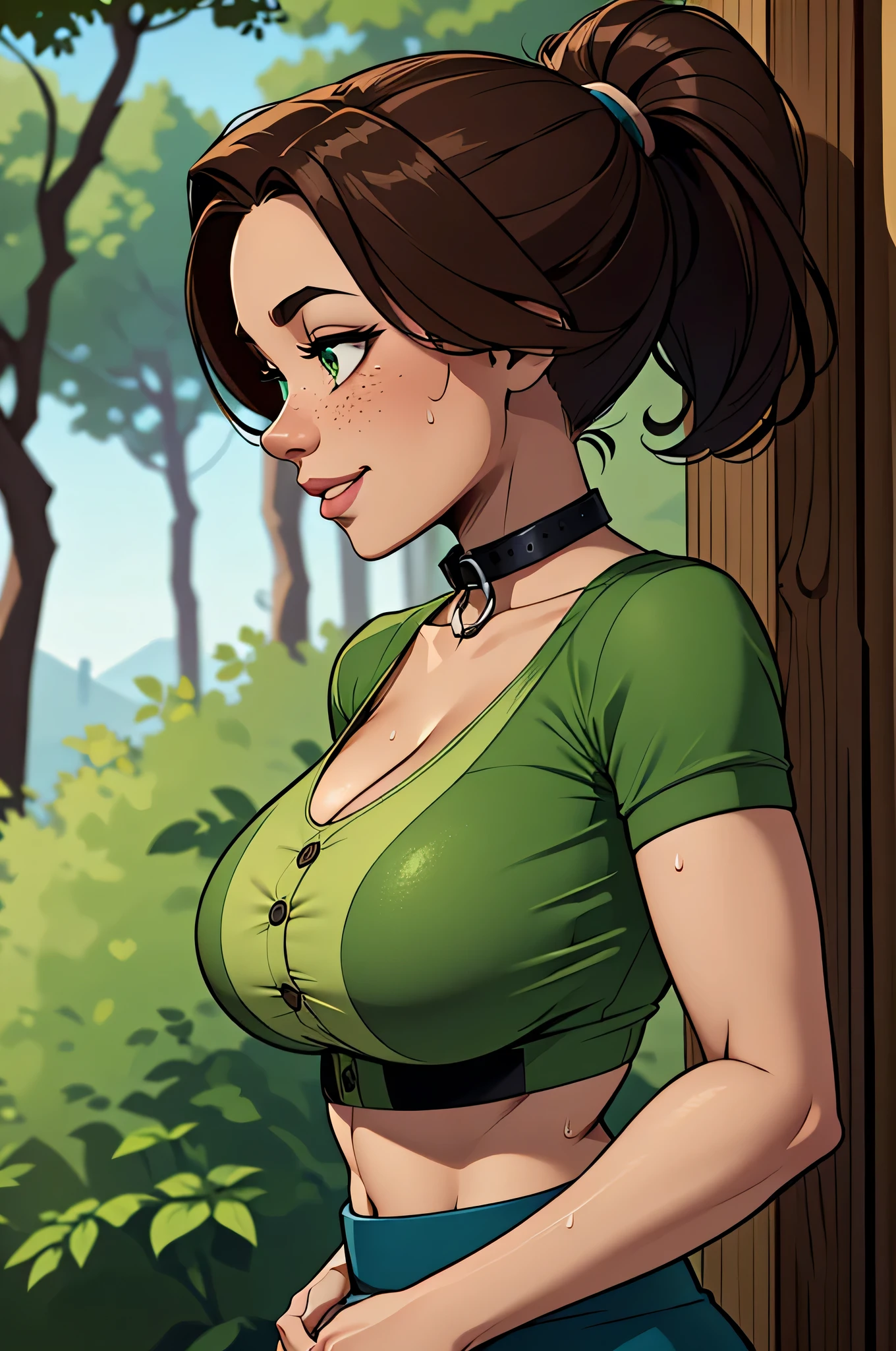 ( Absurdo, hd , Ultra detailed, be careful with your hand ) Seen up close of a thin and athletic woman , 25 anos, 8k (( high definition )), cute smile suit, look seductive, green eyes, wearing a forest green shirt (( with buttons, short sleeve and Italian collar )), discreet skirt with belt, thin waist, your arms are positioned at the sides of your body, pele morena, long brown hair (( with ponytail and fringes )), she is hiking through the forest (( upper body sports bra, side view )), with freckles on the neck and breasts , (( big breasts, Sweaty and round, suaves )), (( Well defined collarbone)). Marvel style ((hq)), forest in the background.