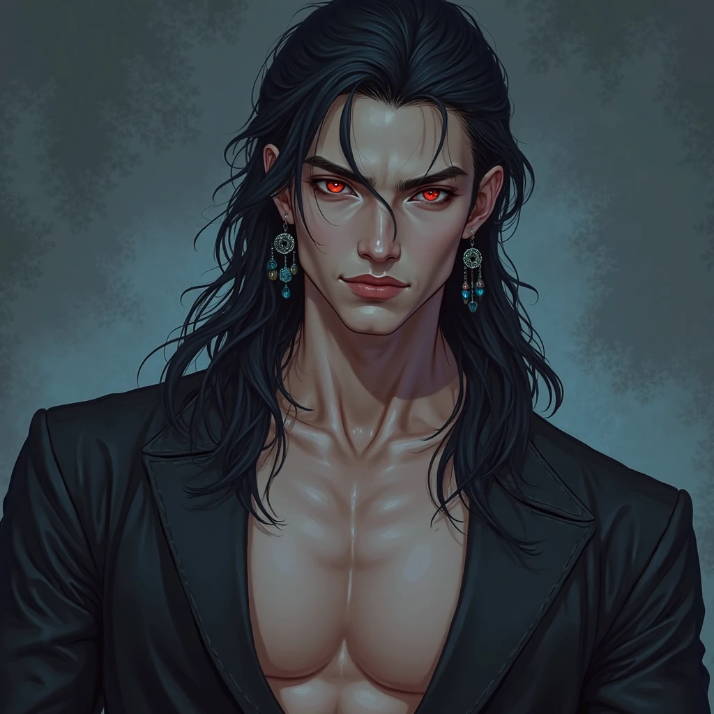 (absurdres, highres, ultra detailed), 1 male, adult, handsome, tall muscular guy, broad shoulders, finely detailed eyes and detailed face, black very long hair, red eyes, handsome, fantasy, gothic, wolf ears, wolf tail, Sunlight, Fantastic light and shadow, Scenery, portrait, vampire fangs, open mouth, sexy, attractive, full body, tongle, no clothes, no shirt,, Dog Collar