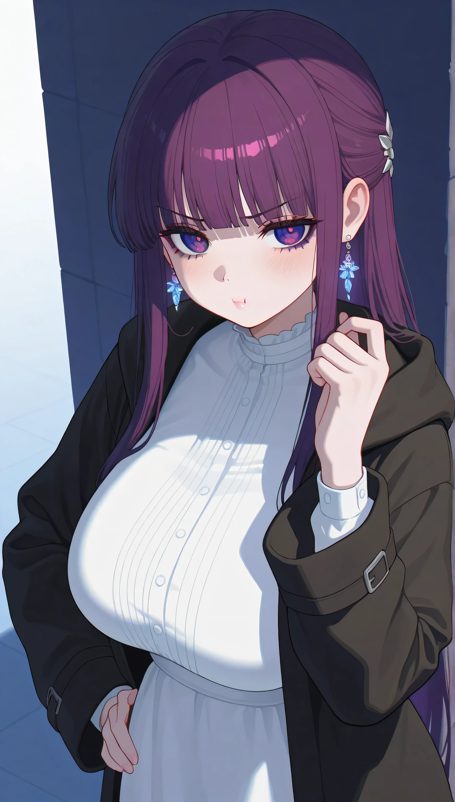 (masterpiece), (portrait), big breasts (aesthetics), ((1 female 21 years old)), Highlight earrings), ((long hair)), ((Hot crystal purple hair)), ((Fern)) straight hair, thin eyes open, cold look, purple eyes, cute, naughty, angry, pout, lane, woman, feminine, beautiful, female features, top, high quality, aesthetic clothing, professional angle, (rule of thirds), (feminine), , (beautiful) , (female), solo, (Korean attractive), summer, (ink haze), (afternoon), (vibrant light), seductive posture, ((face looking forward))), Fern, long black coat, long sleeves, long white dress, long sleeves, sensual ((Energy)), (Bold Makeup), (Big Breasts), Fair Skin, (Clothes with Hip Hop Details), (a hot Fern, sculptural body, sexy pose), (Sleep Neckline), Beautiful Hands, Body beautiful, beautiful ears, beautiful eyes, bright eyes, beautiful mouth, beautiful lips, florest