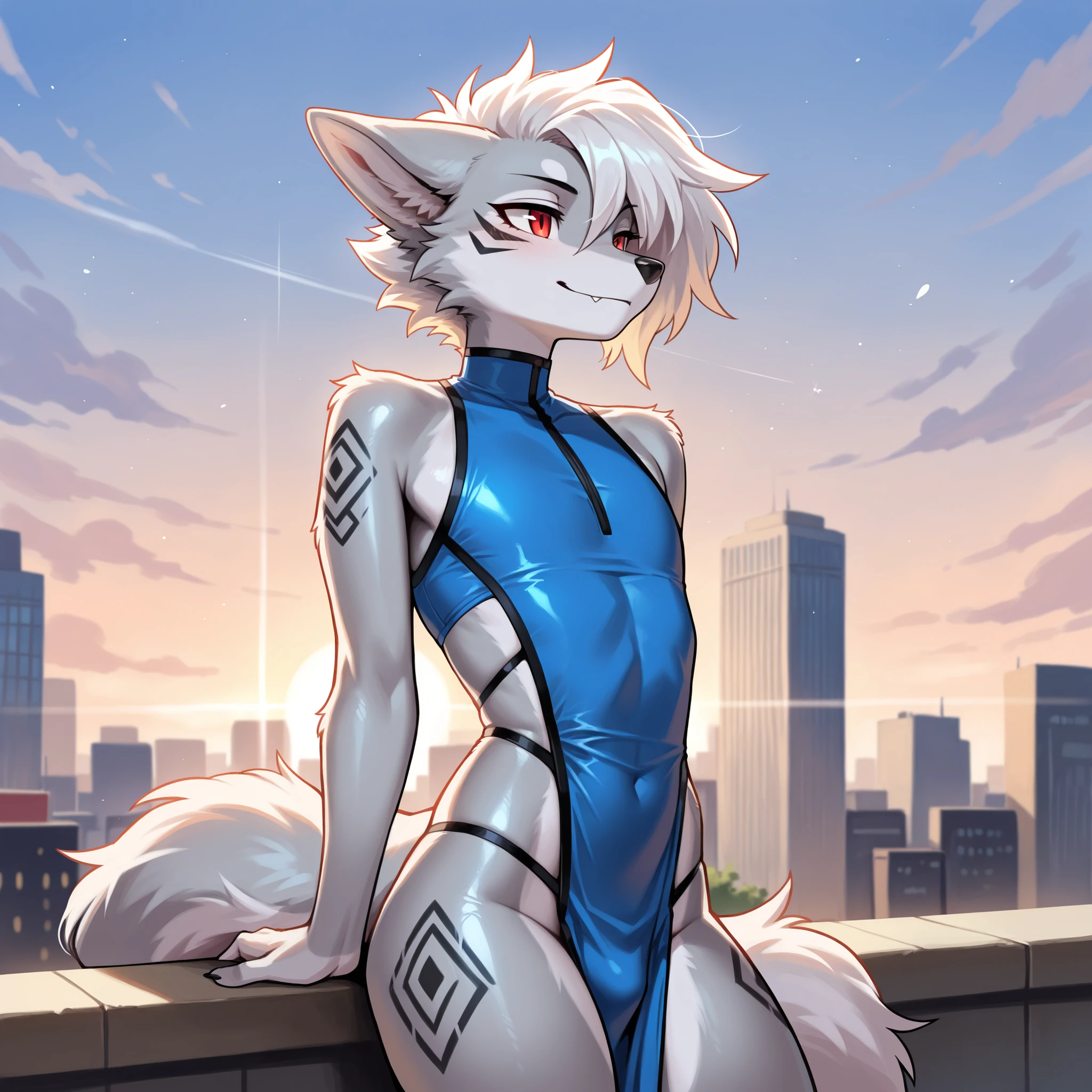 ((masterpiece, best quality)), (anthro furry:1.3, snout:1.2, anthro:1.3, furry:1.2, solo male:1.2) source_furry, rating_safe, (correct anatomy:1.1), kemono, furry wolf, anthropomorphic, male, silver fur, silver skin, red eyes, femboy, flat chest, sci-fi clothes, (blue clothes) revealing clothes, modern city, uploaded on e621,