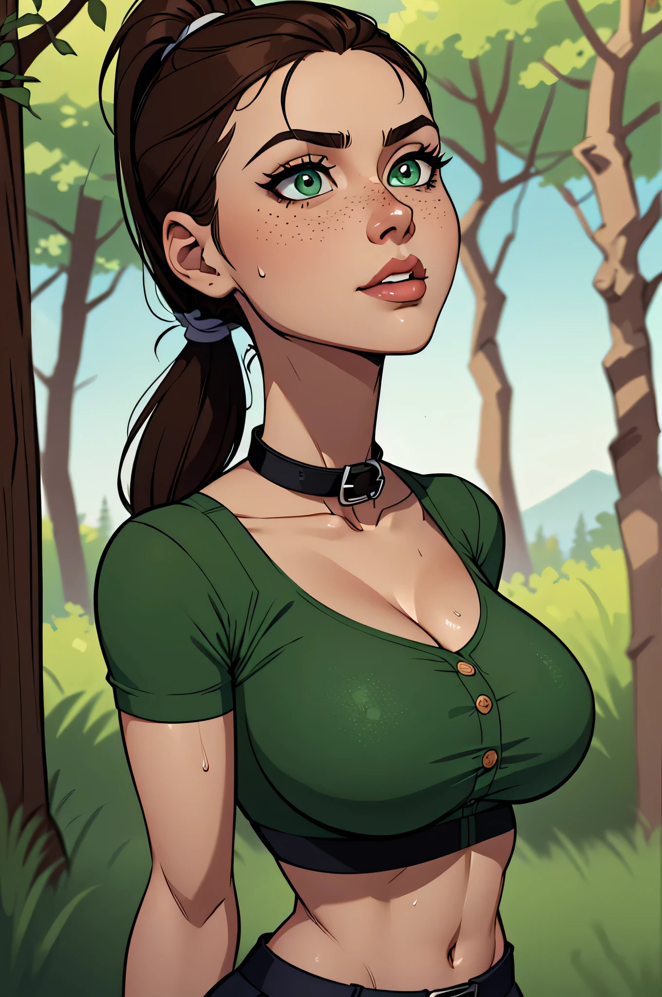 ( Absurdo, hd , Ultra detailed, be careful with your hand ) Seen up close of a thin and athletic woman , 25 anos, 8k (( high definition )), thoughtful face, look seductive, green eyes, wearing a forest green shirt (( with buttons, short sleeve and Italian collar )), discreet skirt with belt, thin waist, your arms are positioned at the sides of your body, pele morena, long brown hair (( with ponytail and fringes )), she is hiking through the forest (( upper body sports bra )), with freckles on the neck and breasts , (( big breasts, Sweaty and round, suaves )), (( Well defined collarbone)). Marvel style ((hq)), forest in the background.
