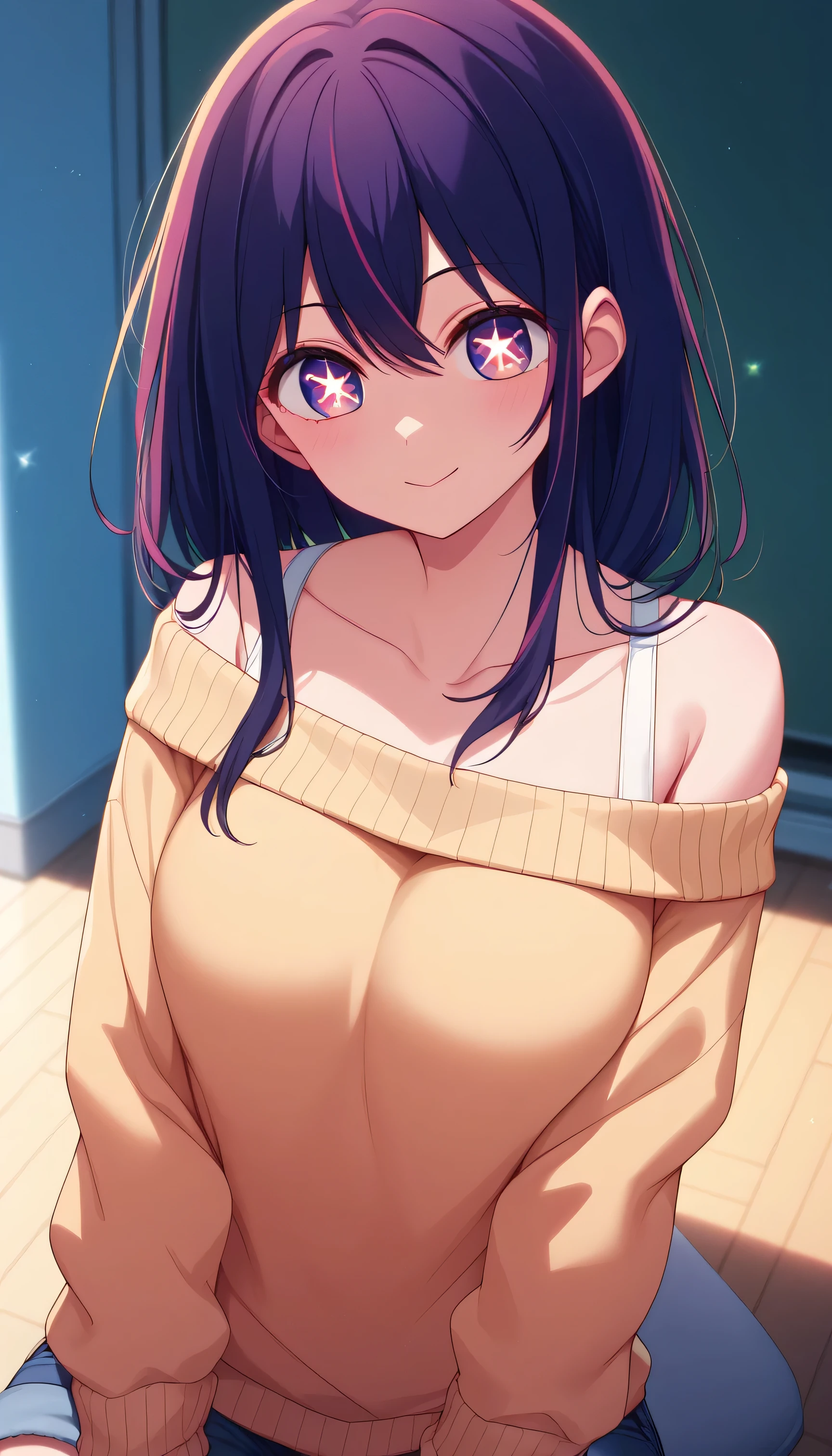 Ai Hoshino, star shaped pupil, off shoulder sweater