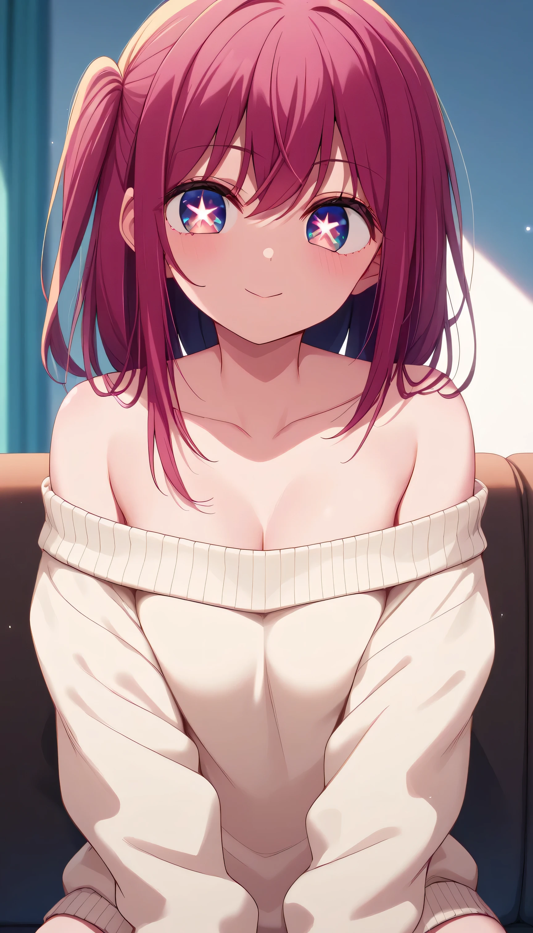 Ai Hoshino, star shaped pupil, white off shoulder sweater