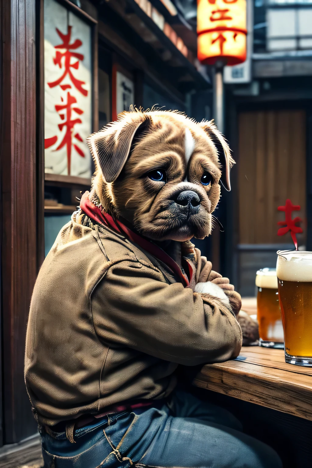 old bulldog、Japanese Izakaya、sitting at the counter、Drinking draft beer、The characters on the sign are in Japanese、Chinese character