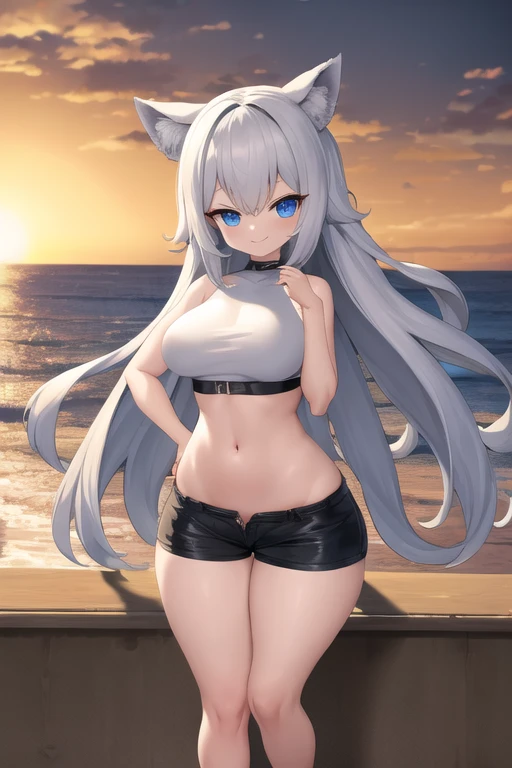 One ,Look away, Close-up of beach, animal_ear, Black bikini swimsuit,Show m out h, breast, hair_between_Eye, Very_long_hair, Depressed crotch,The nipples are prominent,Cold expression,Side shot