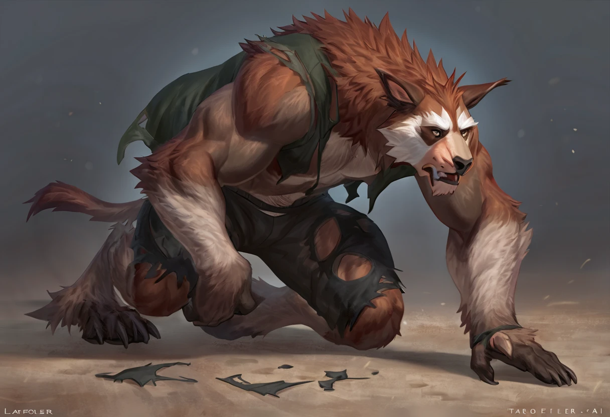masterpiece, Best quality, A high resolution, fantasy, adult male werewolf, shows sharp fangs and grins, brunette with short hair and shaved temples, with scars on the body and face, with yellow wolf eyes, full length, getting ready to fight