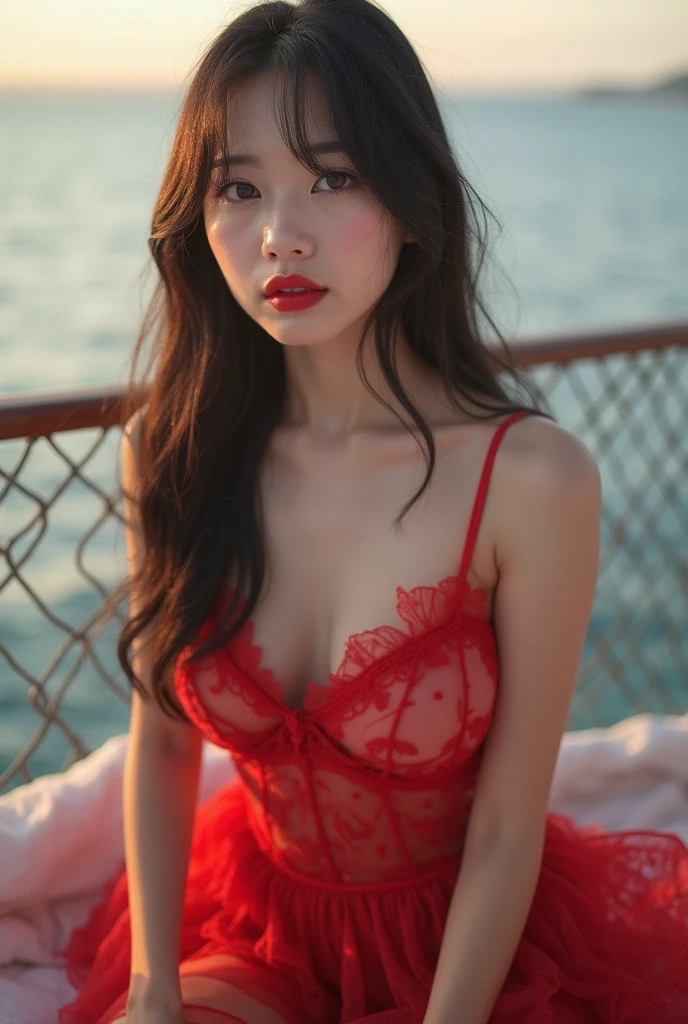 A There Is A Beautiful Asian Woman, Red Lips, Thick traditional bun Hair, , Big Breast, Curve Hourglass Body
The woman is looking out the window, lost in thought. Her hand is resting on her chin, and her eyes are gazing out at the world below. The sun is shining through the window and making her hair look golden. She is looking at the scenery outside the window and seems to be lost in thought.
She is wearing a Red Micro Bikini, G String Bikini, Red High Heels, and her long black hair is flowing in the wind. The sun is shining brightly, and it is a beautiful day outside. However, the girl's expression is one of sadness and longing. It is as if she is lost in her thoughts and not fully present in the moment.