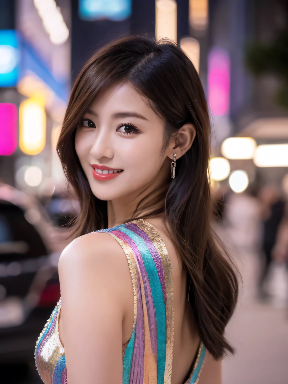 highest quality, waist shot, masterpiece, dark eyebrows, ultra high resolution, realistic, very detailed, professional lighting smile, eagle nose, semi-short wave hair, transparent colorful silk dress, random body orientation, background for urban city street,
