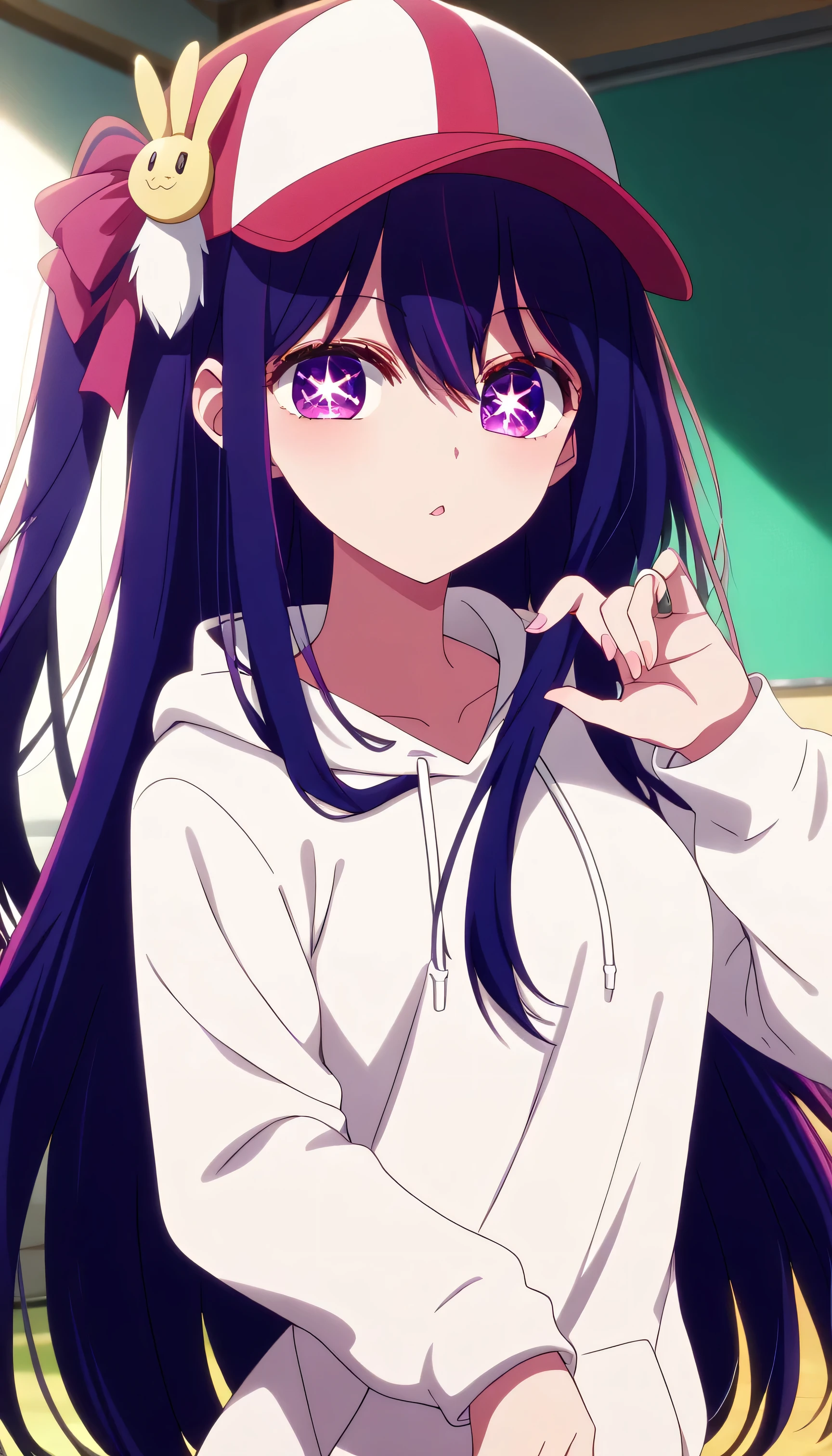 aihoshino,
ai hoshino, hair between eyes, hair ornament, hair ribbon, long hair, one side up, (purple eyes:1.1), purple hair, rabbit hair ornament, (star-shaped pupils:1.5), symbol-shaped pupils,
BREAK baseball cap, hat, hood, hoodie, long sleeves, puffy sleeves, white hoodie,
BREAK looking at viewer,
BREAK indoors,
BREAK (masterpiece:1.2), best quality, high resolution, unity 8k wallpaper, (illustration:0.8), (beautiful detailed eyes:1.6), extremely detailed face, perfect lighting, extremely detailed CG, (perfect hands, perfect anatomy),