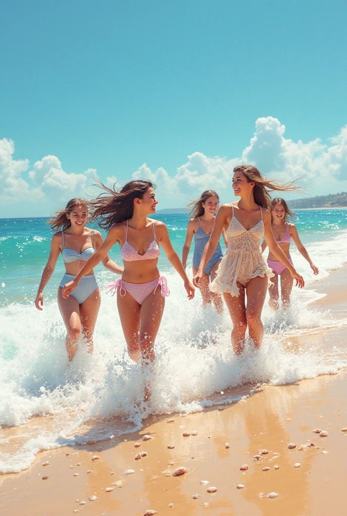 a few bikini girls playing on the beach, wide angle, cinematic, water color, dramatic light