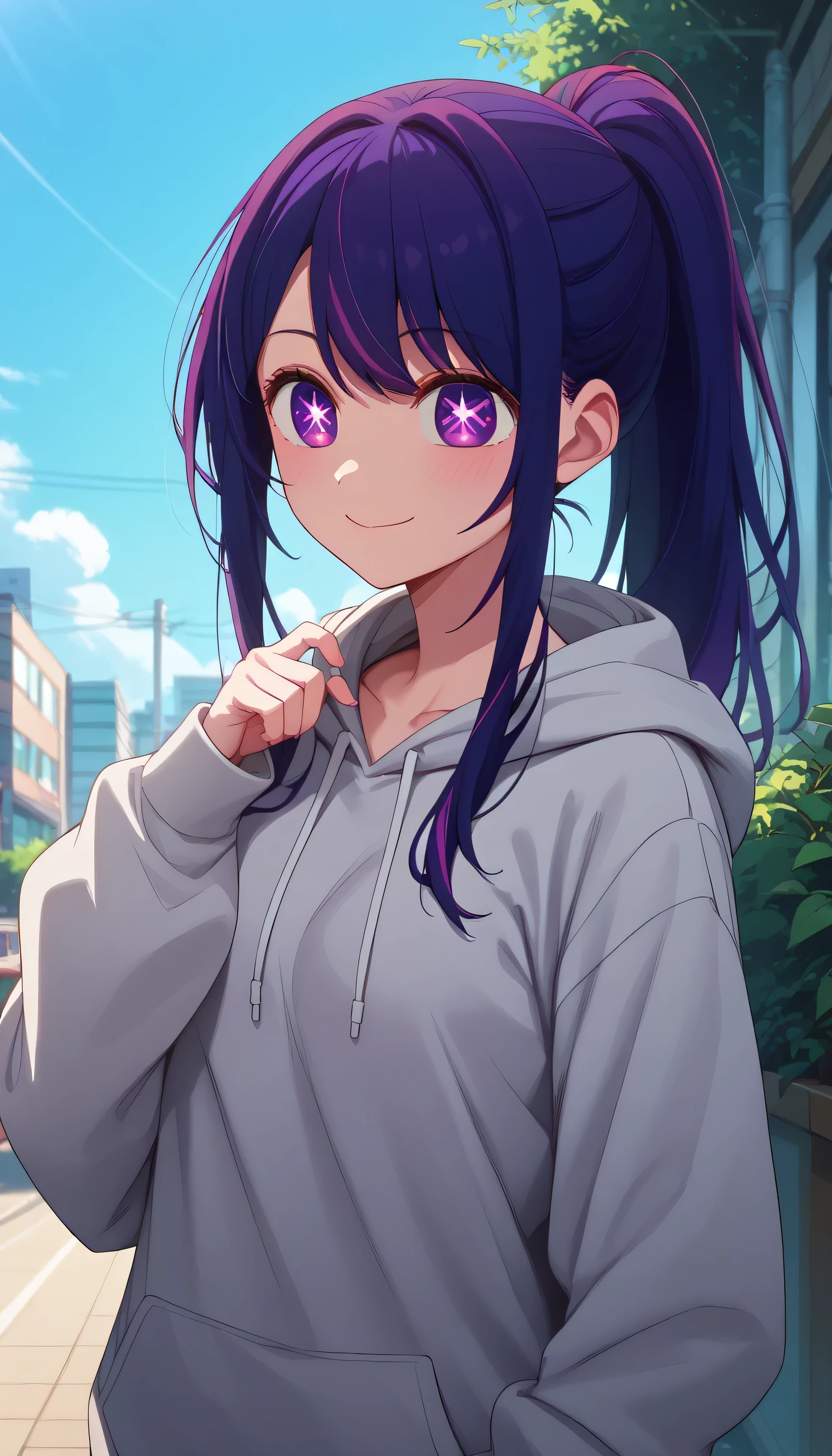 Ai Hoshino、symbol-shaped pupils、Purple Eyes、Purple Hair、High ponytail、cute、smile、Gray Shaggy hoodie、Outdoors