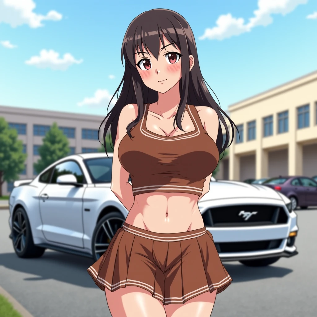 (best quality:1.3), (4K quality), (Detailed face:1.2), (Detailed eyes:1.2), 1girl, solo, Taiwanese woman, long black hair, With bangs,1 female in, 28 yo, Beautiful face, mascara, pink eyeshadow, glossy lips, red lipstick, closed mouth, smirk, big breasts, deep cleavage, pale skin, Black tight tank top, Tight Denim booty shorts, black high-heel shoes, standing. (Background: Indoors, car repair shop). The woman is an automobile repair mechanic. She's looking at the camera with a flirtatious smile.