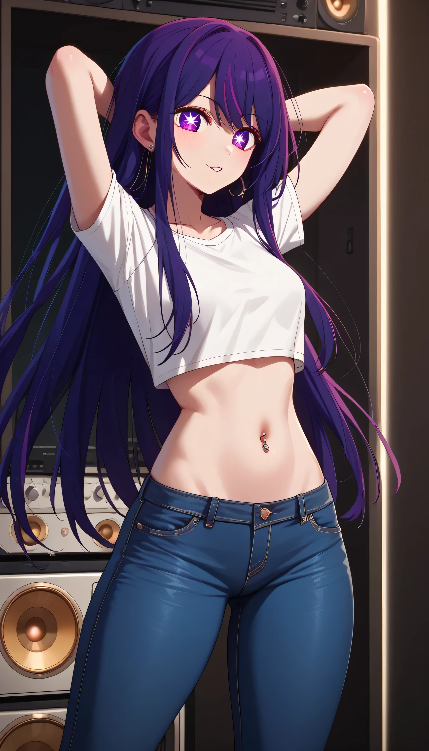 (masterpiece:1.37), best quality, (extremely detailed:1.37), woman, mature, adult, large breasts, very long hair, (straight hair:1.5), dark purple hair, purple eyes, (extremely detailed eyes:1.37), crop top, cleavage, navel, jeans, open fly, (groin:1.25), desperation, (wetting: self 3.0), standing, indoors, interior, futuristic, neon lighting, high-tech, street, store, counter, anime merchandise