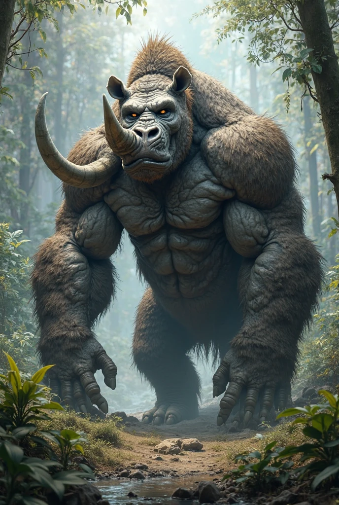 Create a damgerous looking creature of Gorilla muscles and rhino