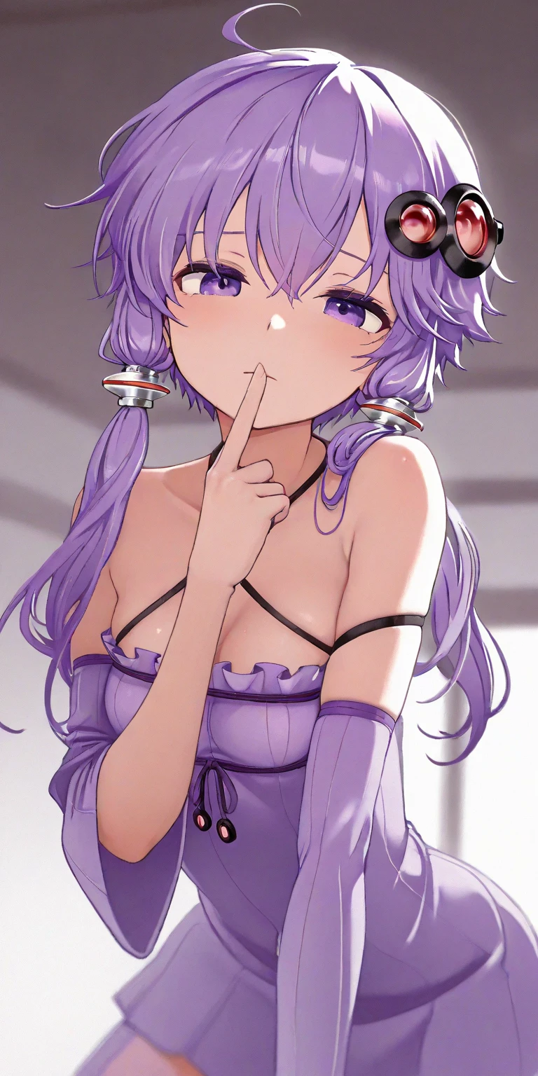 A 18 years old Japanese lady(( small breast, slender)),(( put index finger on mouth )), pale bluish purple medium hair((hair over one eye:1.4))(( much shaggy forelock)), Japanese clothes ((dark blue, peony, cyan )),hakama((purple, dark blue)),blue hair band and muffler, form below view , shiny orange big round droopy eyes, blush smile, fearless atmosphere, looks almost sexual climax, looks very seductive and naughty, best quality