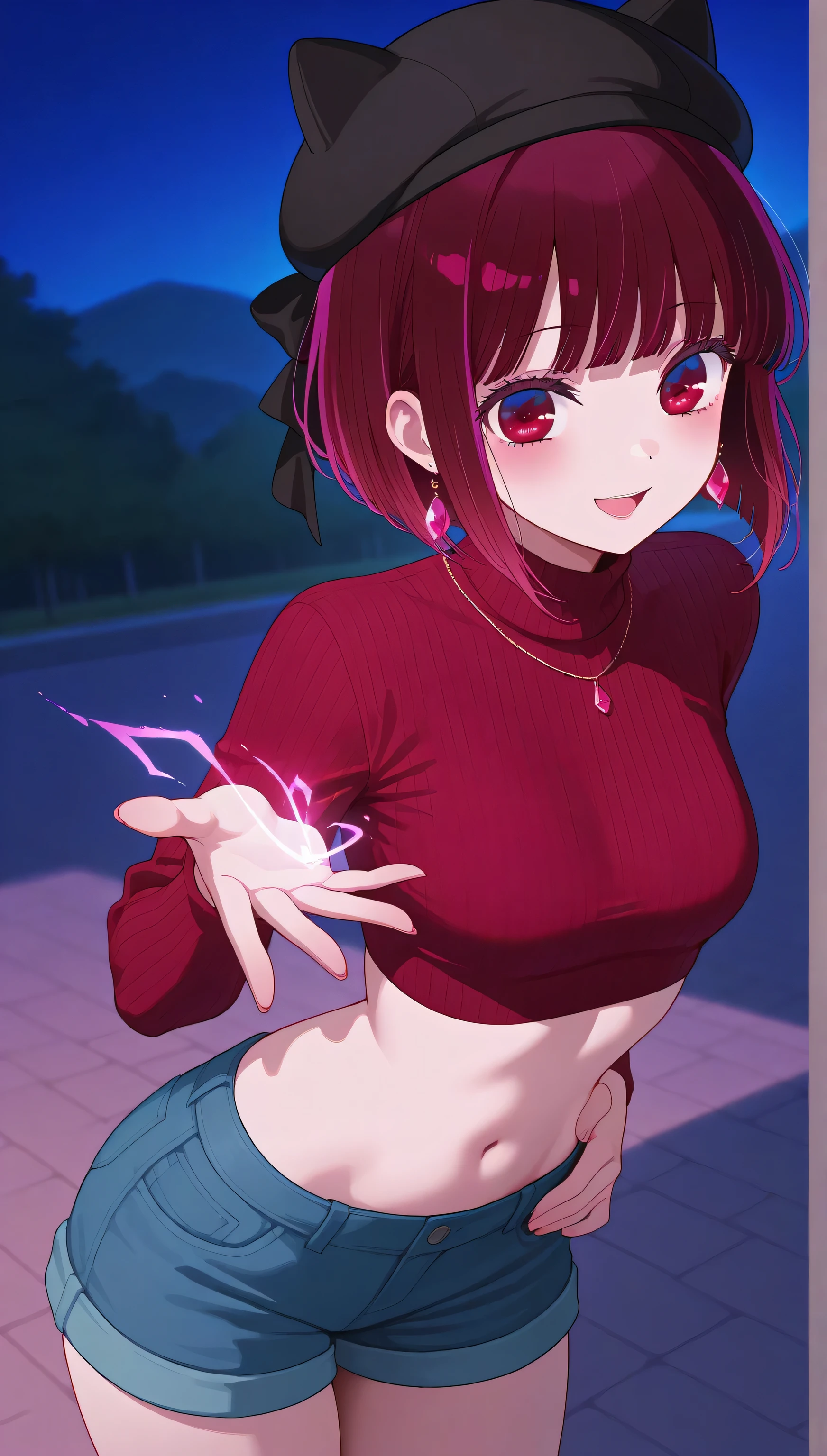 (masterpiece), (portrait), small breasts (aesthetics), ((1 female 21 years old, Kana Arima)), Highlight earrings), ((short hair)), ((Hot crystal red hair)), ((women)) straight hair, thin eyes open, red eyes, cute, naughty smile, women's cap female, woman, feminine, beautiful, female features, top, high quality, aesthetic clothing, professional angle, (rule of thirds), (feminine), (feminine), (feminine), (beautiful) , (female ) features), solo, summer, (ink haze), (afternoon), (vibrant light), seductive posture, ((face looking forward))), turtleneck sweater, denim shorts ((Energy)), (Bold Makeup), (Big Breasts), Fair Skin, (Clothes with Hip Hop Details), (Crop Top), (Sleep Neckline), Beautiful Hands, Body beautiful, beautiful ears, beautiful eyes, bright eyes, beautiful mouth, beautiful lips, in the park at night, all trickery
