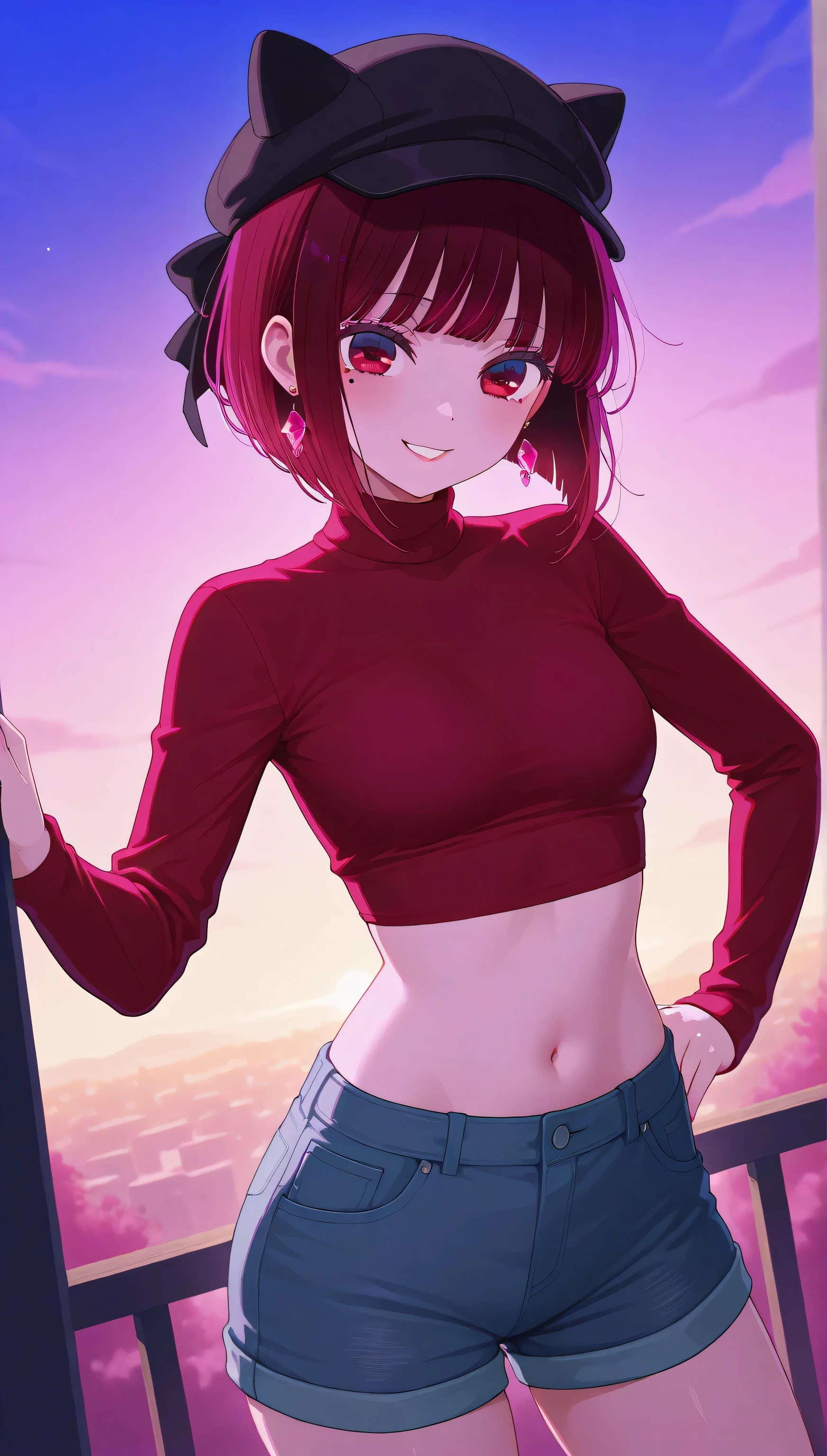 (masterpiece), (portrait), small breasts (aesthetics), ((1 female 21 years old, Kana Arima)), Highlight earrings), ((short hair)), ((Hot crystal red hair)), ((women)) straight hair, thin eyes open, red eyes, cute, naughty smile, women's cap female, woman, feminine, beautiful, female features, top, high quality, aesthetic clothing, professional angle, (rule of thirds), (feminine), (feminine), (feminine), (beautiful) , (female ) features), solo, summer, (ink haze), (afternoon), (vibrant light), seductive posture, ((face looking forward))), turtleneck sweater, denim shorts ((Energy)), (Bold Makeup), (Big Breasts), Fair Skin, (Clothes with Hip Hop Details), (Crop Top), (Sleep Neckline), Beautiful Hands, Body beautiful, beautiful ears, beautiful eyes, bright eyes, beautiful mouth, beautiful lips, in the park at night, all trickery