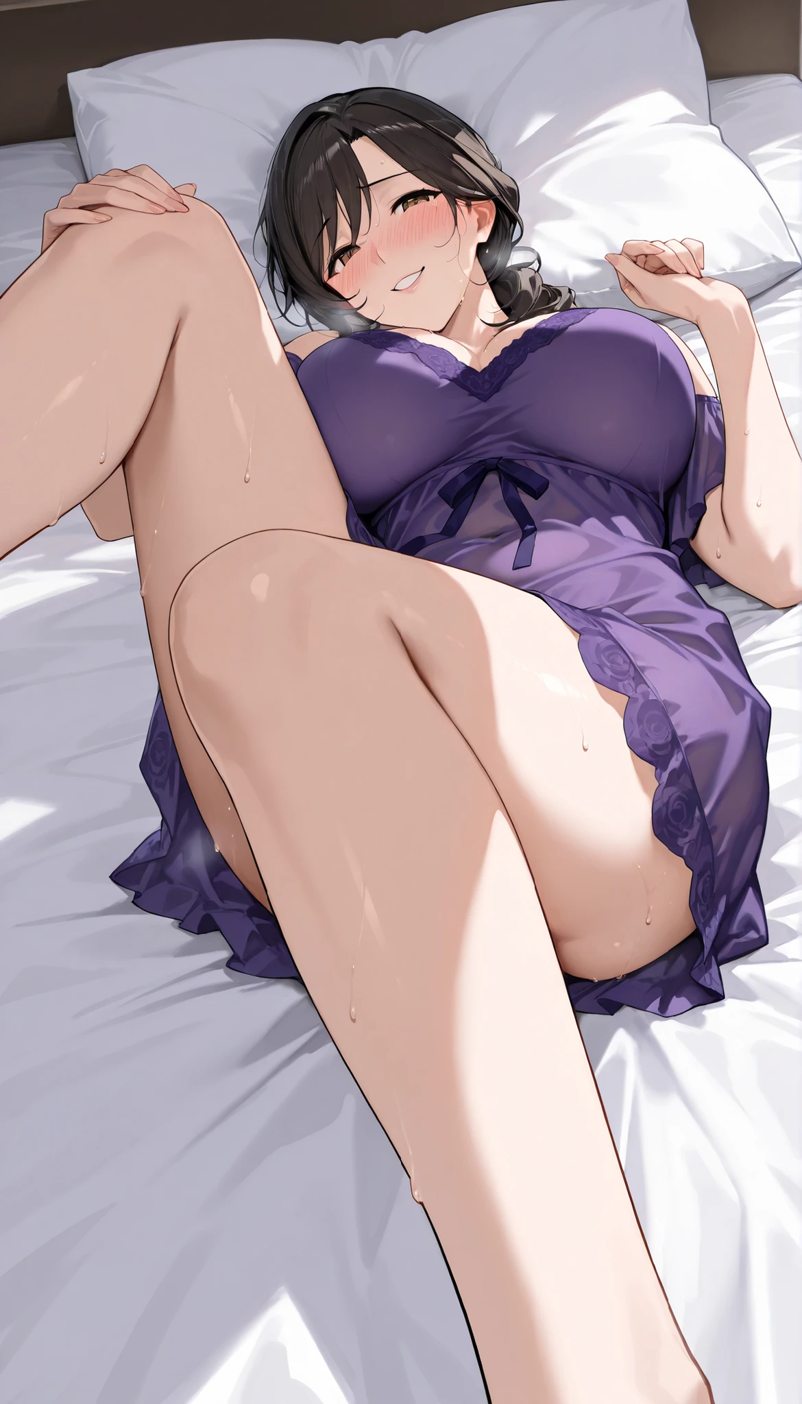 Medium body POV, shy nerdy granny with glasses, wearing short clothes, small bulge, Crying lying in bed, arched legs arms open, lingerie, half body view arched legs feet painted nails, calcinha babydoll