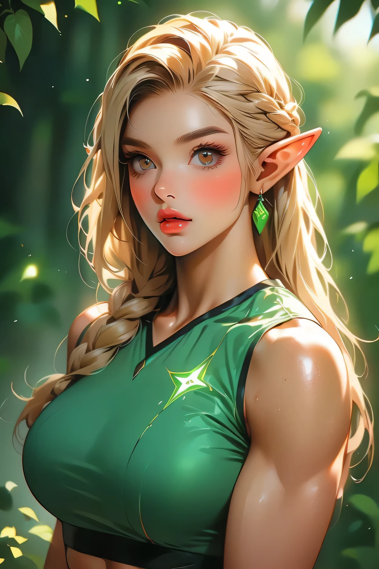(Perfect face) (Long Hairstyle, Bright Blonde Hairstyle) (Black Thin Eyebrows, Glowing Brown Eyes, Nose, Bright Red Normal Lips) (Beautiful Female) (Female Elf, Green Uniform Top) (Female Muscles, Perfect Body, Beauty Female)