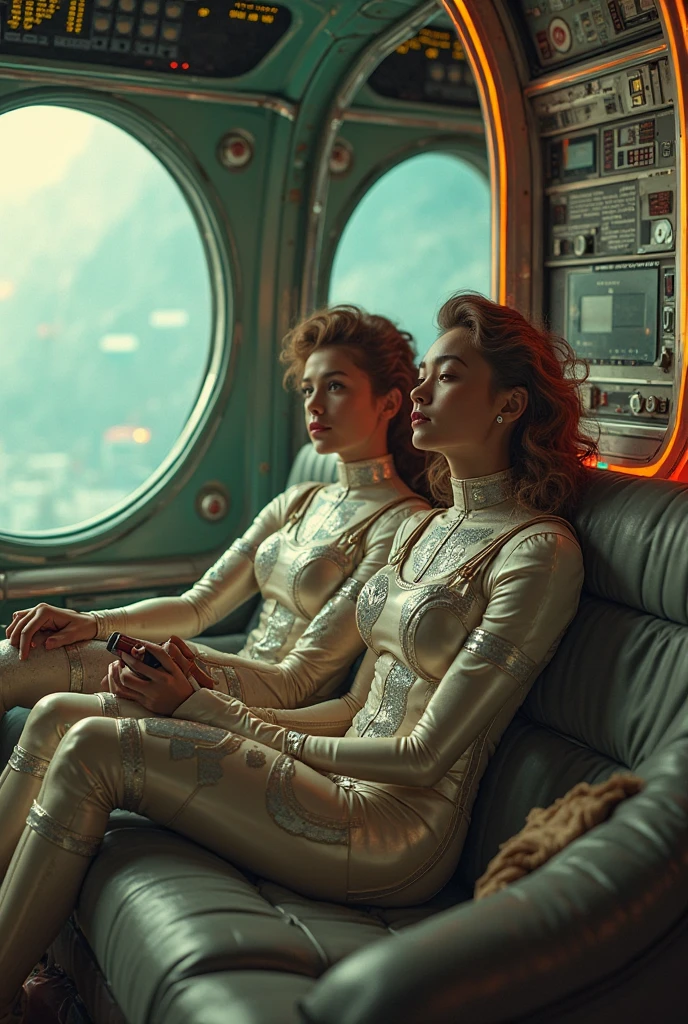 Image of a sexy woman with short brown hair, 3, talla 42DD, of very good and beautiful body, caderona, is examined by a 20-year-old boy, He has a device that looks like a small metal cylinder., They smile and joke as she lies on the couch in a futuristic room, It has a ceiling where images of the starry sky are projected. She is wearing small white mini shorts with a light blue top with details of golden planets and stars..