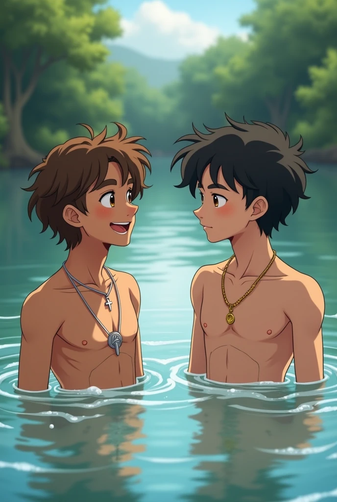 Two 5-year-old boys swimming in the lake,Frolic,Splash each other,Ancient hairstyles,happy laughing