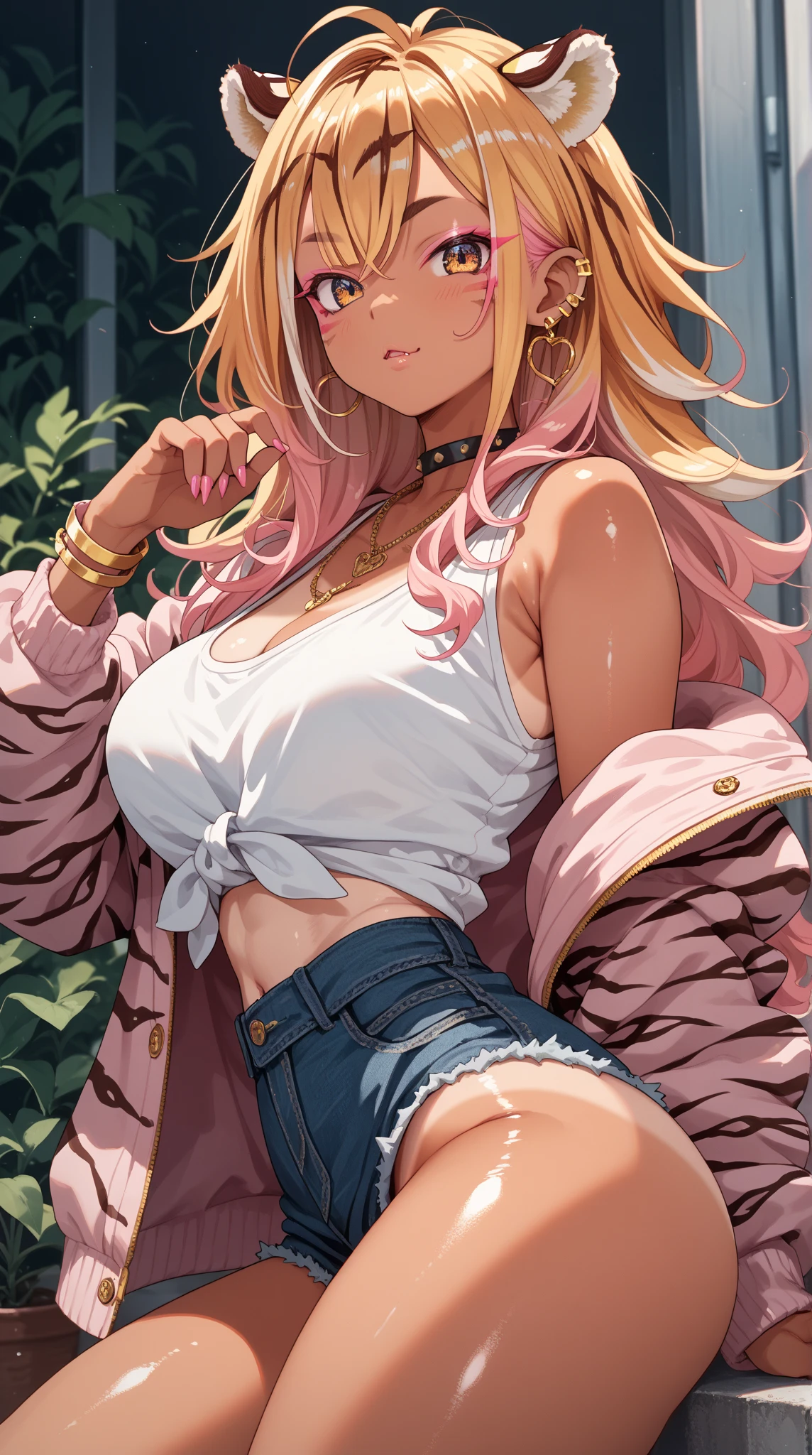 (((anime))), ((animated)), (GAL:1.3), medium hair, (braid hair:1.3), (blunt bangs:1.2),two-tone hair, blonde hair, (pink hair), round face, red eyes, (drooping eyes), (((tareme))),Pink Lip,piercing,necklace,[black skin],(gleaming skin),seductive grin smug,blush, ((((cute)))), beautiful, 1 girl, solo,(cardigan:1.5),(oral invitation:1.6),beautiful background,(bed:1.5),((morning)),sunlight,professional lighting,Facial Lighting,masterpiece,best quality,exquisite,8k,absurdres,super fine illustration,(straddling:1.3),(spread legs:1.3)