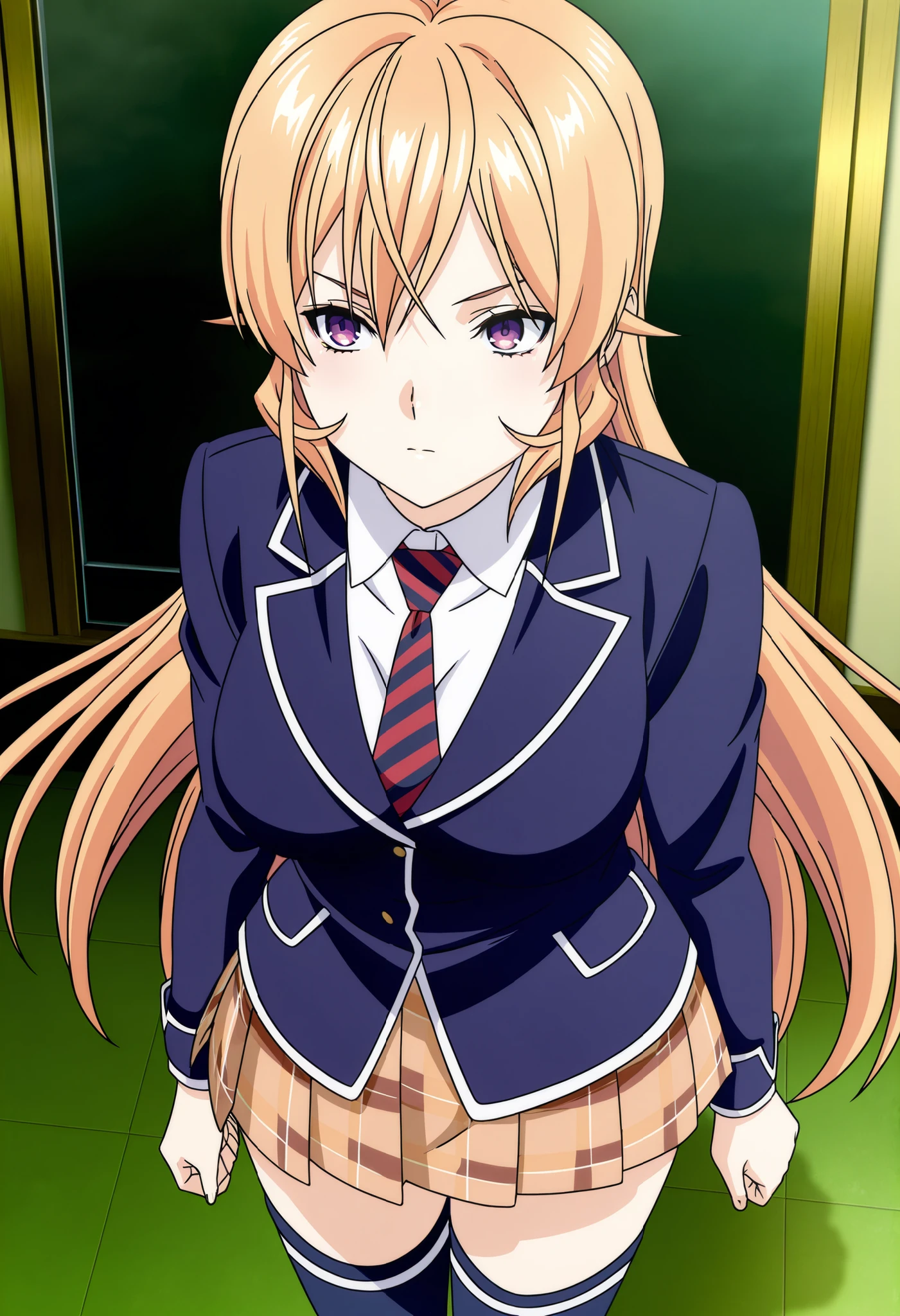 Official anime artwork,anime screencap,anime coloring,masterpiece,best quality,Nakiri Erina,very long hair,blonde hair,hair between eyes,purple eyes,school uniform, standing,blue jacket,blazer,wing collar,red striped necktie,white shirt,collared shirt,long sleeves,large breasts,,mini brown plaid skirt,blue thighhighs,loafers