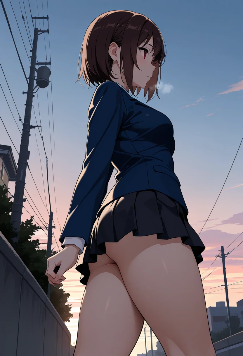 ((Tabletop, highest quality, High resolution, Hmph, Perfect Pixel, 4K, Hmph, Hmph))), 1 girl, single, alone, Beautiful woman、I could see the whole body、 ((Mid-wave hair, bangs, brown hair)), ((Brown eyes, Beautiful eyelashes, Realistic eyes)), ((Detailed face, blush:1.2)), ((Smooth texture:0.75, Realistic texture:0.65, Realistic:1.1, Anime CG Style)), Medium chest, Dynamic Angle, Perfect body, ((Red bow tie, , Black jacket, Open jacket, Brown cardigan, White shirt, Black Skirt, Checked skirt)), City Stairs、looking up from the bottom of the stairs、Very embarrassing panic smile, looked back、Lean forward、(The wind blew up her skirt, exposing her buttocks..、Hurry and hold my ass、Pink lace panties:1.3)、Camel Toe、Giant tit、Earrings、necklace、Bracelet、Caster wheel、first round、Plump、Super big breasts、Ahoge、Slut、Cleavage,Mole on chest、transformation、Odd Eye、Plump、Super big breasts、Super big butt、My butt is too big and my skirt is、Super big butt、Super big butt、O-back panties