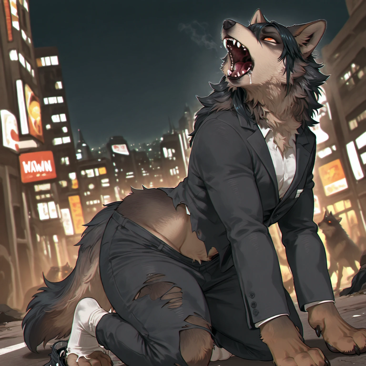 A hairy werewolf abandoned on the side of the road at night, muscular, athletic, sentimental, delicate features, bright colors, anime style, realistic, 8k, super detailed, representative, with scars and features. Bright eyes and teeth, tall and handsome, beautiful hair, special color. Tearful, unwilling, ragged, unhappy; Frustrated, crouched on the ground, weeping