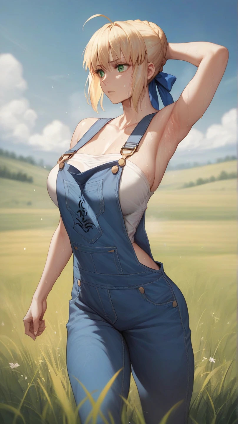 Texas woman, 25 years old, perfect face, thin, smiling, eyes tight, tight, realistic, beautiful, in gray detailed overalls, full body, clean arms, light skin tanned from the sun, work gloves, cap, hair loose in the wind, light brown, freckles, no bra, no bras, no t-shirt, no lingerie, big breasts, full, soft, tossed, round, jumping, dirty boots,  Dirty, walking in the green field, wooden fences, stables, hay, tractor.