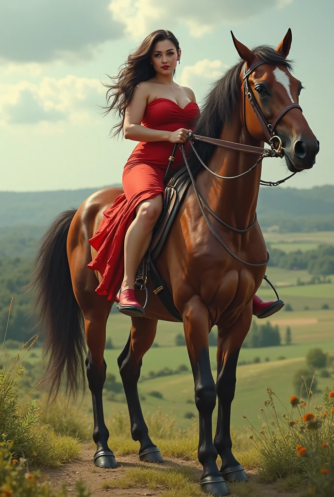 25 years old woman, RAW photo, (photorealistic:1.4, realistic), highly detailed CG unified 8K wallpapers, 2girl, ((thick body:0.7)), (clevage, huge breasts:1.2), looking at viewer, ((straight from front)), (HQ skin:1.4), 8k uhd, dslr, soft lighting, high quality, film grain, Fujifilm XT3, ((((full body:0.8)))), ((red dress)), (((outdoor, riding horse at park))) marshalenathea