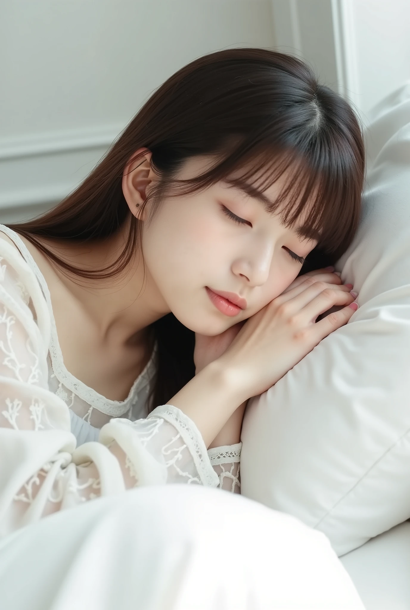 (Best-quality, Masterpiece, Ultra-High-Resolution, (Photorealistic:1.4), Raw Photo, depth of field, professional lighting, perfect anatomy, extremely details), from above, 1girl, 15-years-old, the most famous Japanese idol, on luxurious bed, ((lying on back, head on pillow):1.4), ((amazingly large amount of night sweats, wearing only cute-pajamas soaked with night-sweats):1.3), (((extremely cute sleeping-face, extremely cute closed-eyes)), extremely beautiful short-cut-haired, extremely beautiful skins, realistic skin texture, extremely cute long-eyelashes, extremely cute lips)