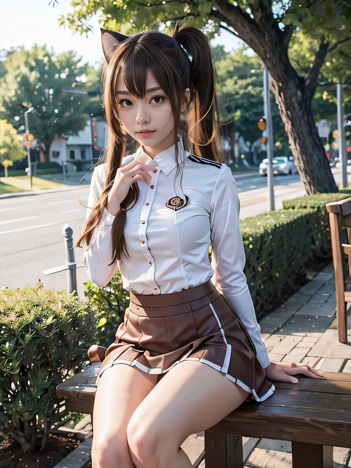 Ultra-detailed, hight resolution, Extremely detailed,Beautiful detailed girl,top-quality,cat ear、 [３D image:1.15]、[8k picture:1.15]、Cute silica、Three-dimensional feeling、[[High quality anime girl with brown hair and brown eyes]]、[3D images:1.25],[[Attractive eyes,A detailed eye、Colorful eyes、radiant eyes:1.25]]、long pony tail ,White and red uniform, 8k picture, ，Cute faces in anime，brown haired、Twin-tailed,[spoiled ]、cowboy  shot、long  skirt