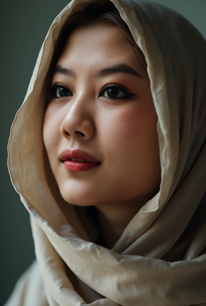 Indonesian girl, glowing face, white skin, pink lips, slightly visible teeth, holding face facing right 45 degrees, right ear and neck visible, wearing white gold necklace, sturdy body, weight 60 kg, height 165 cm, chest size 36D, wearing hijab, large chest