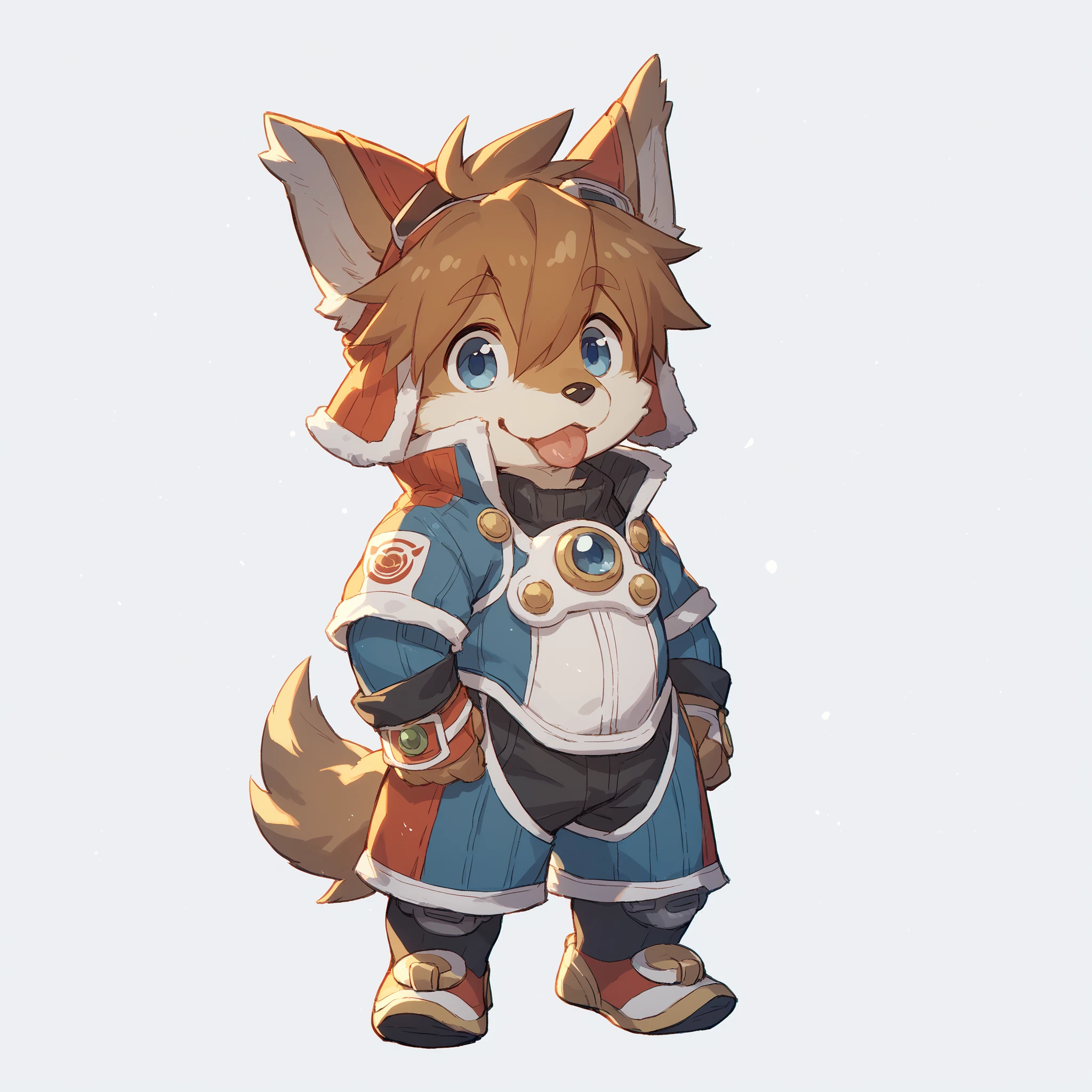 kemono, solo, furry, Red Savarin, dog boy, 1boy, two-tone fur, baby, brown hair, dog ears, animal nose, blue eyes, dog tail, cute, stand up, happy, tongue out, full body, white background,