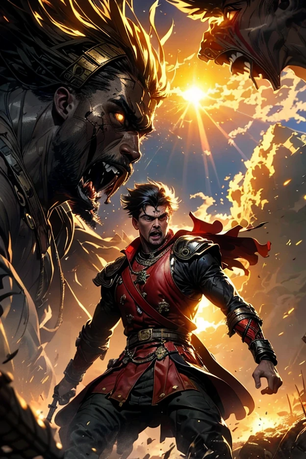 "Create an epic illustration of a Roman soldier from the Centurion Guard, marked his face partially hidden by a shield by battle scars and traces of dried blood, highlighting its worn texture and the marks of combat. His fierce and aggressive gaze emerges from behind the shield - intense, filled with anger and determination . She is protected by an ornate war helmet, reflecting the golden light of the sun, that breaks between the thick smoke of the battlefield. Ao fundo, an army of Roman soldiers advances amidst the fog of war, its imposing silhouettes highlighted by Intense brightness of the setting Sun. The scene transmits tension , glory and brutality, with natural lighting accentuating the details of the metal, of the leather and the expressions marked by the war.