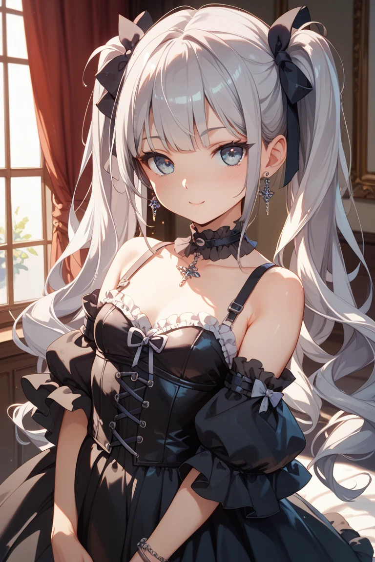 (Ultra high detail、highest quality、official art)、woman alone、mysterious atmosphere、(attractive woman)、28 years old、silver hair、white headband、shortcut、from head to knees、big bust、Black backless maid outfit、blue eyes、Big eyes、smile、archive、old book、indirect lighting、(delicate illustrations)、Light、Light、