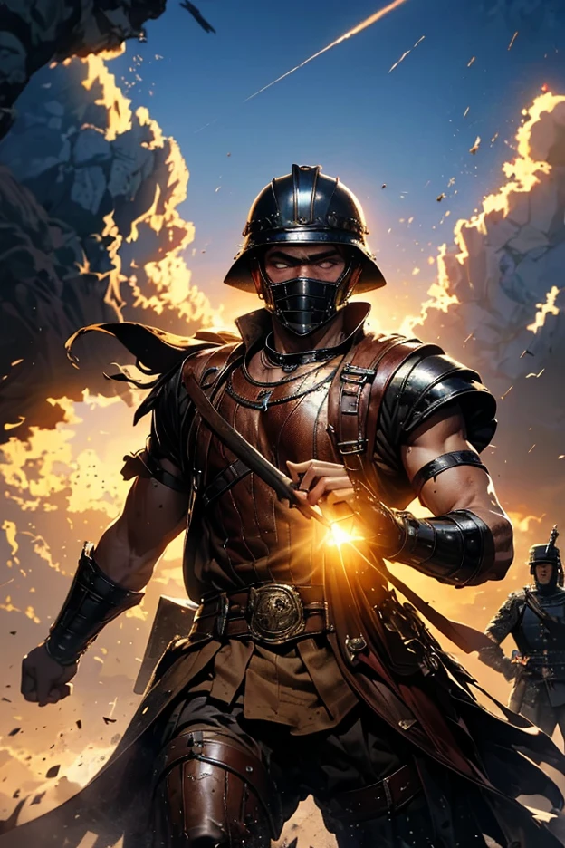 "Create an epic illustration of a Roman soldier from the Centurion Guard, marked his face partially hidden by a shield by battle scars and traces of dried blood, highlighting its worn texture and the marks of combat. His fierce and aggressive gaze emerges from behind the shield - intense, filled with anger and determination . She is protected by an ornate war helmet, reflecting the golden light of the sun, that breaks between the thick smoke of the battlefield. Ao fundo, an army of Roman soldiers advances amidst the fog of war, its imposing silhouettes highlighted by Intense brightness of the setting Sun. The scene transmits tension , glory and brutality, with natural lighting accentuating the details of the metal, of the leather and the expressions marked by the war.