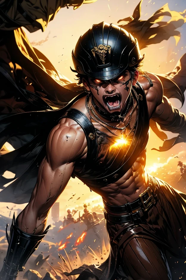 "Create an epic illustration of a Roman soldier from the Centurion Guard, marked his face partially hidden by a shield by battle scars and traces of dried blood, highlighting its worn texture and the marks of combat. His fierce and aggressive gaze emerges from behind the shield - intense, filled with anger and determination . She is protected by an ornate war helmet, reflecting the golden light of the sun, that breaks between the thick smoke of the battlefield. Ao fundo, an army of Roman soldiers advances amidst the fog of war, its imposing silhouettes highlighted by Intense brightness of the setting Sun. The scene transmits tension , glory and brutality, with natural lighting accentuating the details of the metal, of the leather and the expressions marked by the war.