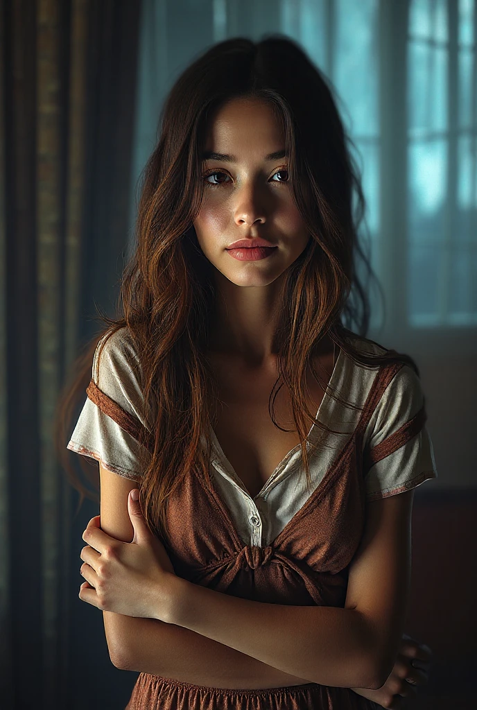 woman, facing viewer,fcPortrait, cropped sweater, midriff, sweater, 1girl, detailed face, hanging laterns, illustrated