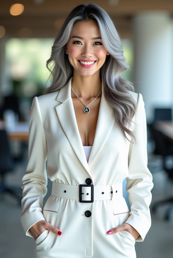 Portrait of an extremely beautiful Colombian woman, businesswoman, beautiful smile, flawless skin, (black blazer), (tight blue mini dress), (silver jewelry), silver hair color, wearing makeup, professional attire, posing for camera, plain white background, studio lighting, extremely detailed, 8k
