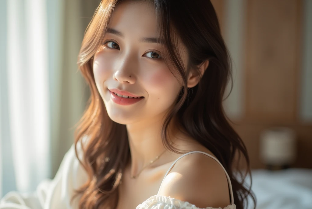 Small eyes、double tooth、Long rolled hairstyle、Little Fat Woman、20yr old、A dark-haired、a smile、Autumn landscape、Hair illuminated by the sun、hitornfreckles、tiny chest、Round butt、Camisole、undergarment、full bodyesbian、Light coming in through the window、Sexy back view