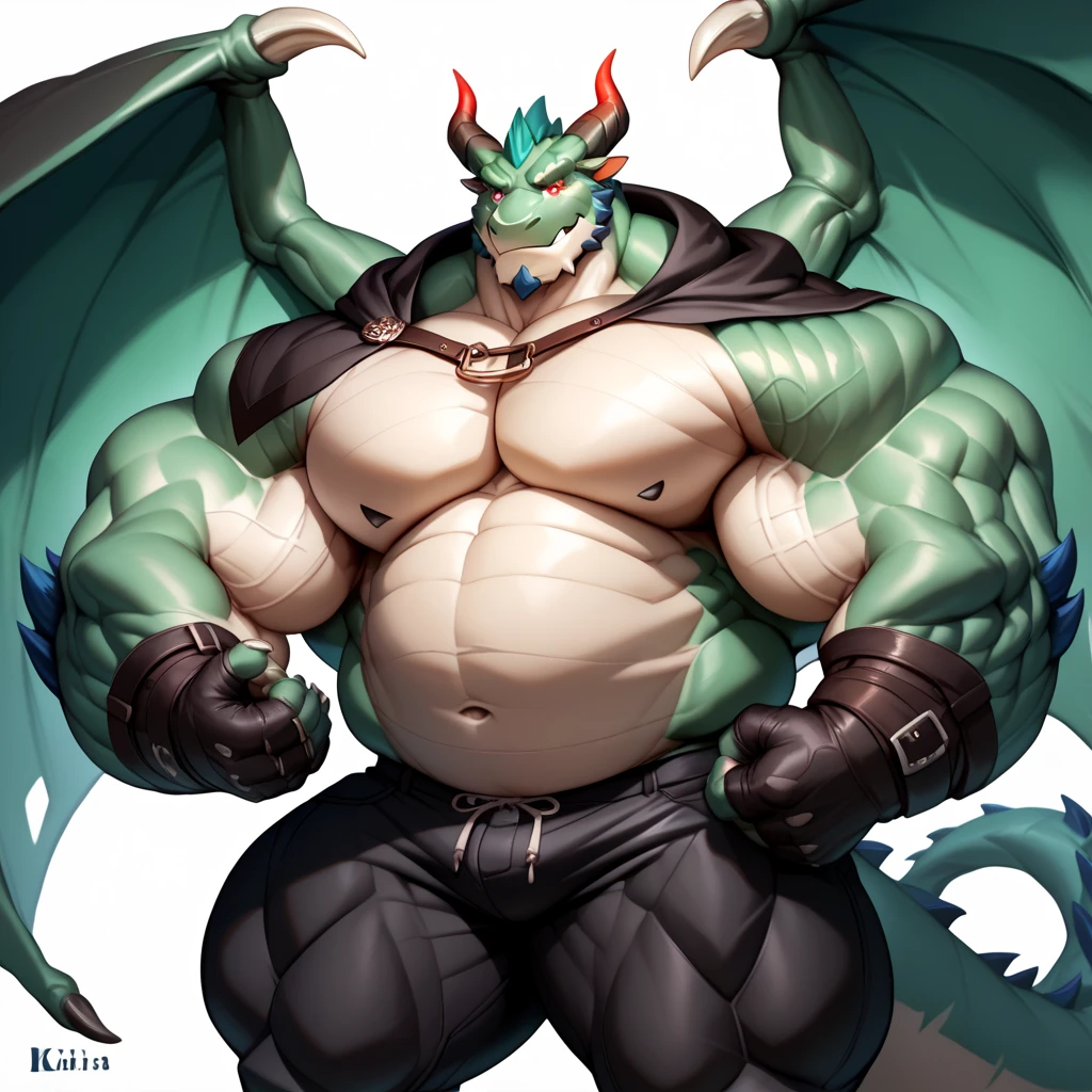 realistic anime, giant muscular green anthro dragon with wings flying in the sky, trible outfit, large bulge, scar, nipple piercing, solo,