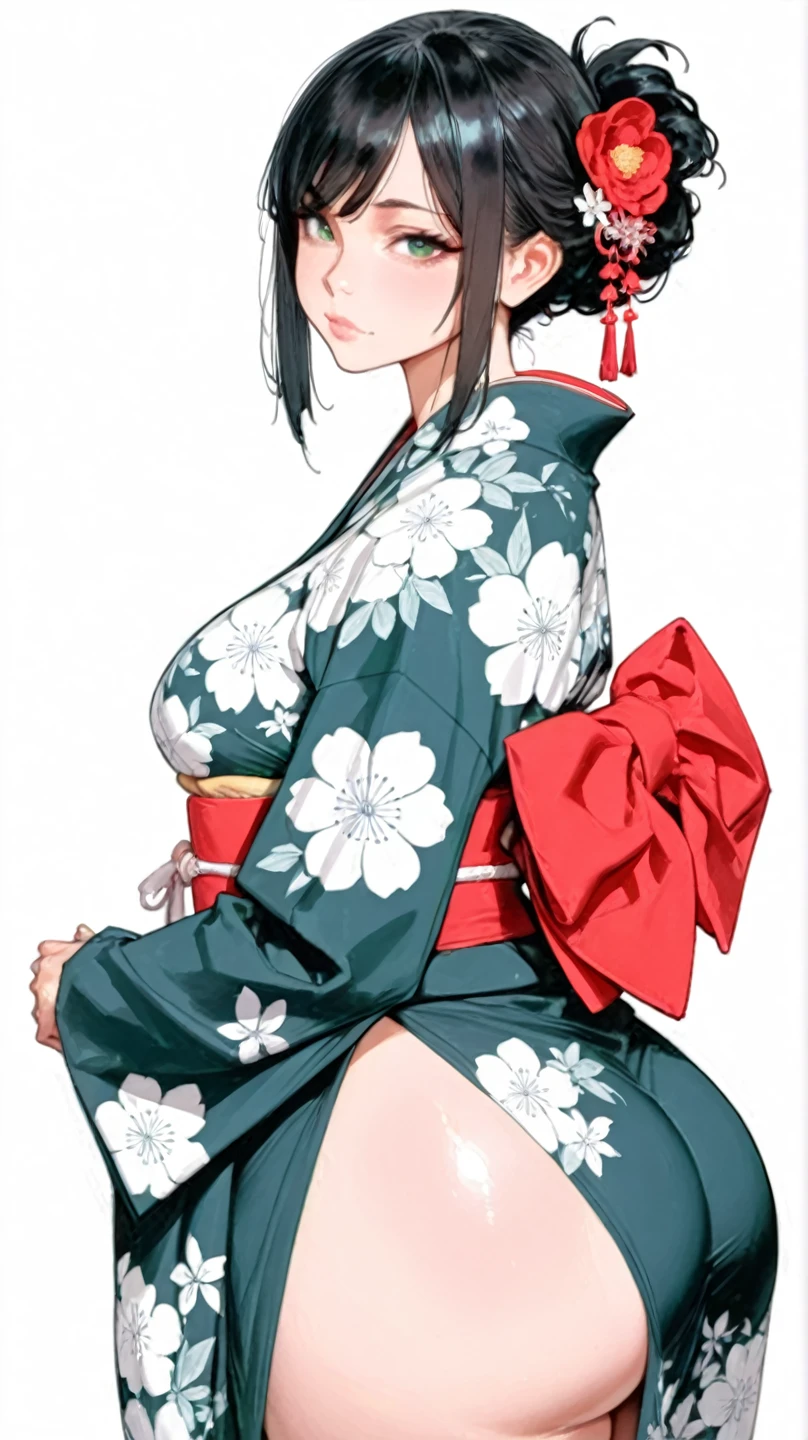 Close-up of a woman with black straight hime cut hair wearing a red and orange dress, Red kimono with flower patterns, From the Sengoku period, Long and beautiful kimono, Flowing hair and long, super shiny robes, Red kimono, Japanese Kimono, Wearing Imperial Kimono, Wearing kimono and armor, In kimono, Safety, kimono, Hakama kimono, Inspired by Fujiwara Takanobu, pale and colouRed kimono She is laid down on the futon, exposing her nipples, writhing and crying. She masturbates