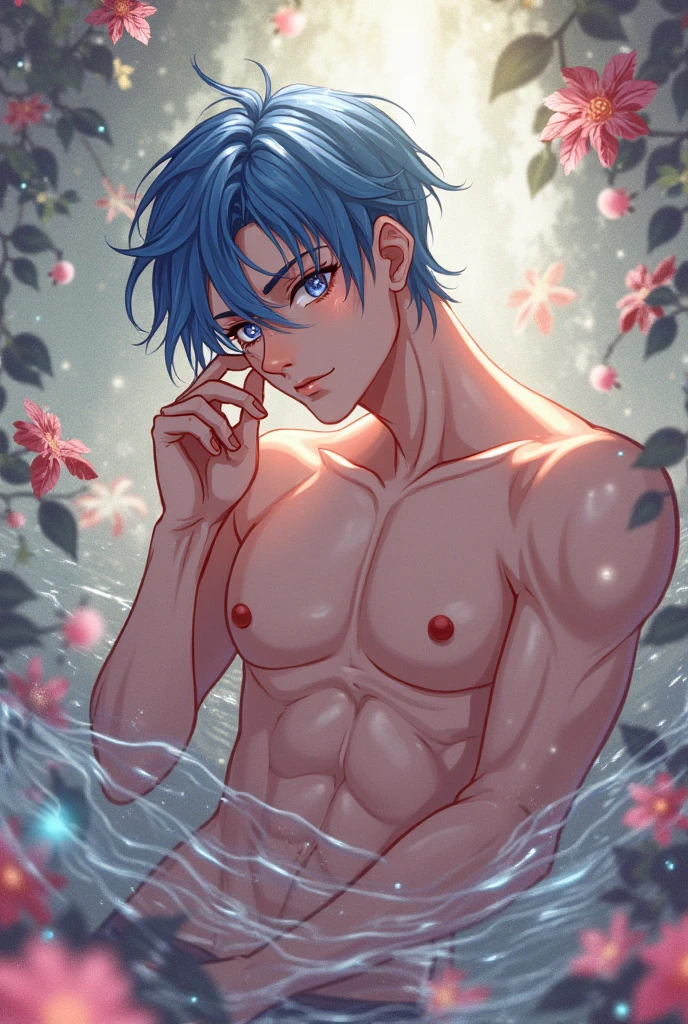 (absurdos, A high resolution, ultra detalhado, HDR), master part, best quality, Retrato de um menino de cabelo loiro, menino muito bonito com olhos azul celeste, Rosto detalhado, foto profissional, O homem Arafeld estava sem camisa, Fique deitado confortavelmente, sem cuecas, sem roupas, legs are open, (Puffynipple(de baixo:1.1)), Focus on your audience, Menino de 18 anos, menino bonito, [ Um corpo bem definido ]，roupas escolares，Abs，chest muscle，large bulge，close-up of feet, hard vpl (1:1)