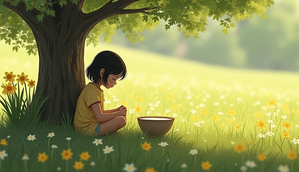 A child plays singing bowl in a beautiful environment
