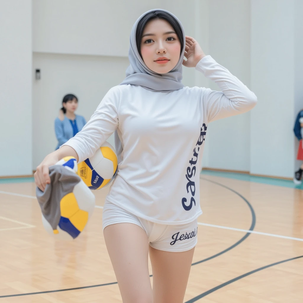 Highly detailed eyes, very detailed face, very beautiful girl, best quality, ultra-detailed (photorealistic), very delicate and beautiful legs, chest-hugging,bad_picture,student tight shirt and mini wet shorts outfit,super big ,(D cup),very detailed facial happy expression,beautiful eyes,brown hair,school,in swimingpool school,hijab,student playing swiming sport in school swimingpool,on the table,full body,sexy