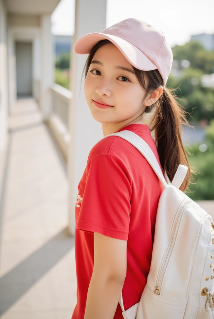 (8k),(masterpiece),(Japanese),(12 year old girl),((Innocent look)),((Childish)),from the front,smile,cute,Innocent,Kind eyes,Plain T-shirt,Short sleeve,Blue checked short skirt,(Carrying a red backpack),Straight hair,Hair blowing in the wind,Black Hair,Somewhat strong wind,noon,bright
