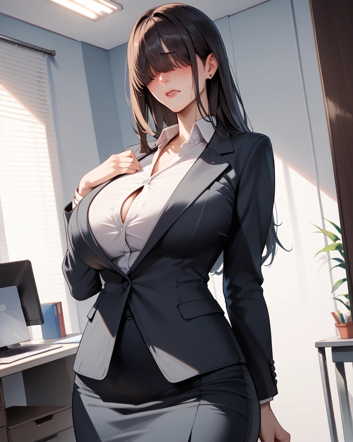 (25 years old girl),alone, masterpiece,large breast, looking at viewer, detail eyes, (detail face:1.2), standing, (front view), (night), looking at viewer, cleavage, sexy, (perfect breast:1.2), indoors, (korean make up:1.2),(red eyes:1), office suit